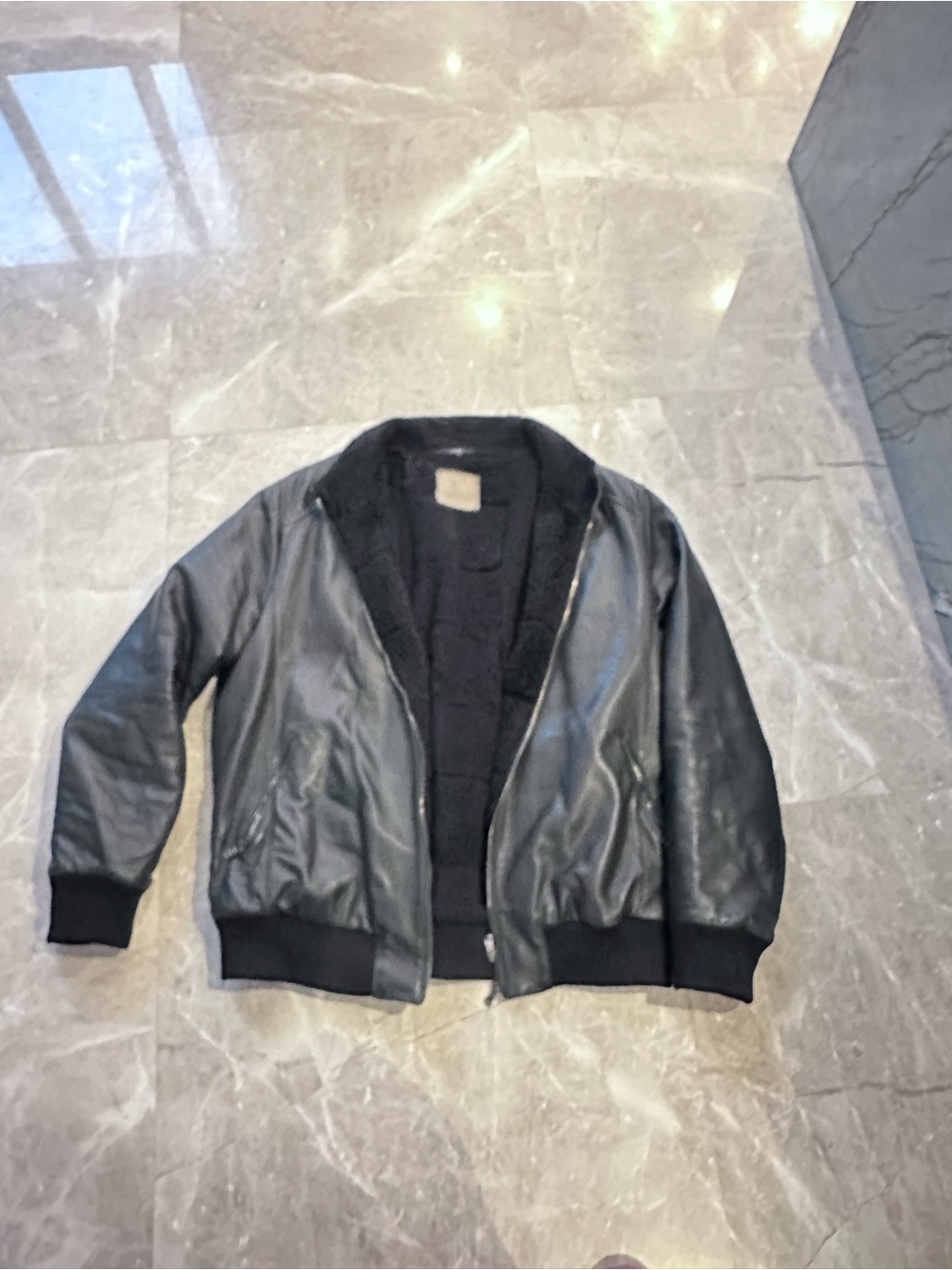 Men's Black Faux Leather Bomber Jacket with Sherpa Interior